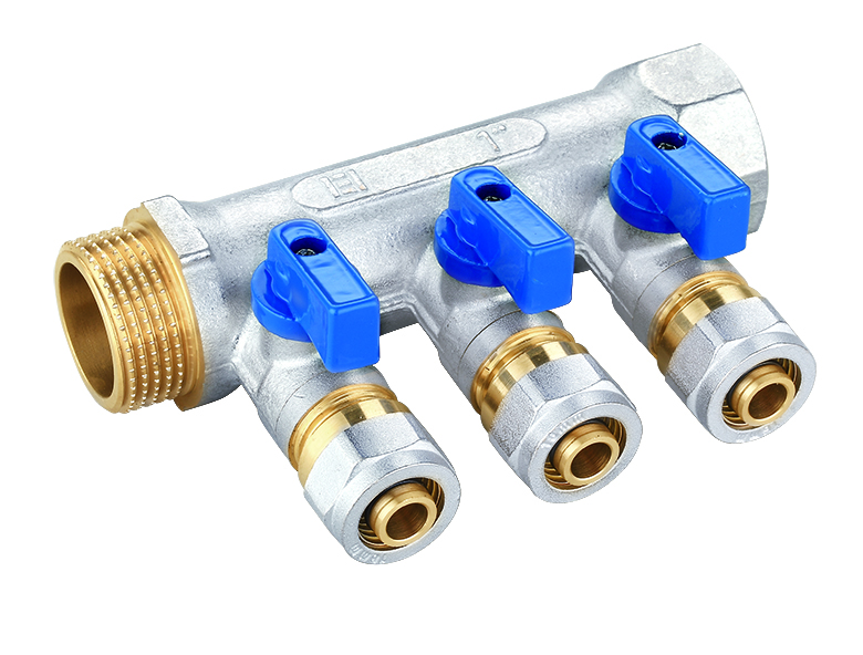 Manifold with blue handle ball valves 3ways 16x1