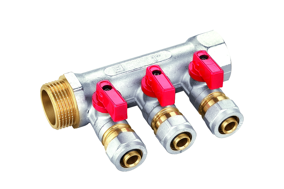 Manifold with red handle ball valves 5ways 16x1