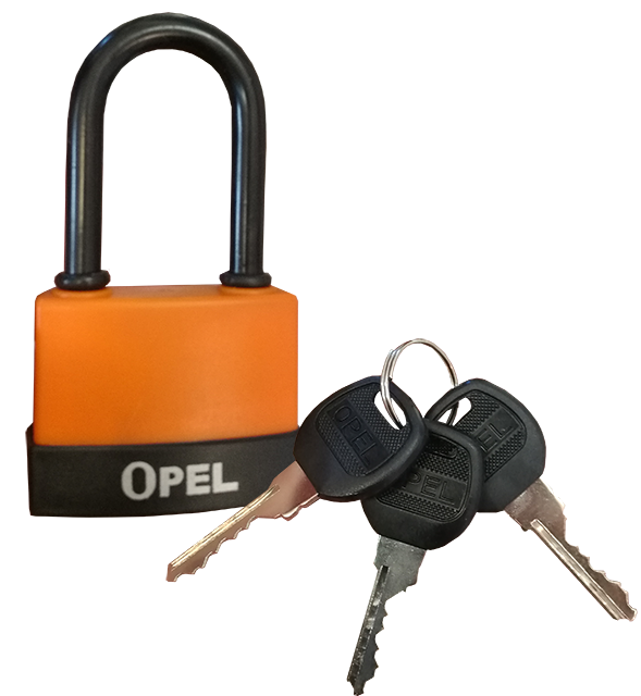 Automatic 3 keys long shackle padlock protected with rubber